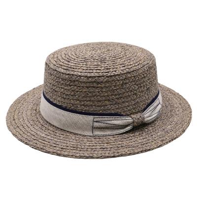 China Eco-friendly women's original color straw flat surface felt hat beach ribbon hollow out straw hats with flat surface for sale