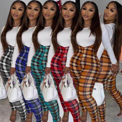 China Wholesale Anti-Static Women's Tartan Suspenders Casual Sexy Tight Overalls White Printing Long Sleeves With Two Piece Sets for sale