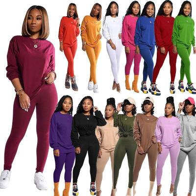 China Simple Style Long Sleeve Clothing Anti-Pilling Women's Two-Piece Solid Color Crew Neck T-shirt Tight-fitting Pants Trousers Long Sleeve Style Tracksuit Outfit for sale