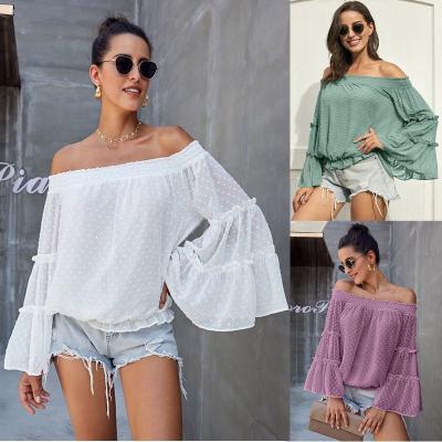 China Autumn Spring Flare Sleeve Breathable Blouse Plus Size Main Loose 2021 Women Fashion Casual Off The Shoulder Top Blouse for sale