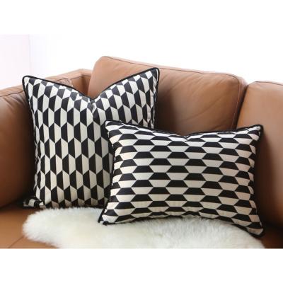 China High Precision Embroidered Fabric Diamond Splicing Pillow Black And White Pilou Sofa Waist Single Pillow Cushion for sale