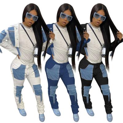 China Plus size clothing-women's plastic stacked pants set stacking women's casual top stack pocket denim personality pants boby crop suits for sale