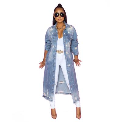 China Reversible Hot Sale Autumn British Solid Color Denim Turn-Down Collar Denim Ripped Mid Length Ditch Coat for sale