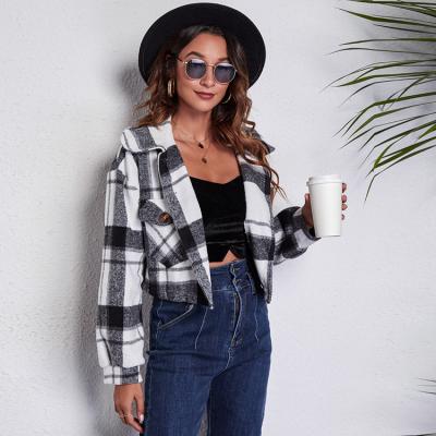 China Breathable Women's Autumn Lantern Sleeve Long Sleeve Short Plaid Coat Woolen Jacket for sale