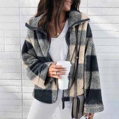 China Wholesale New Plaid Jacket Women Lapel Long Sleeve Zipper Plush Coat Breathable Fashion Anorak Sherpa Fleece Casual Jacket for sale