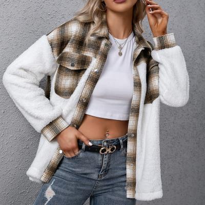 China Viable thick long sleeve spliced ​​loose casual plush tops plaid jacket halter neck blouse plus size tops for women for sale