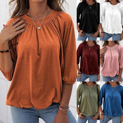 China Wholesale Women's Plus Size Women's Anti-pilling Half Sleeve Shirt Print Blouses Round Neck Sleeve Base Pleated Top Blouse for sale