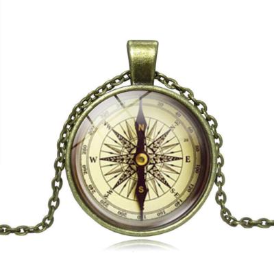 China FASHIONABLE Hot Selling Retro Times Gemstone Necklace Compass Alloy Sweater Chain Glass Pendant Jewelry for sale