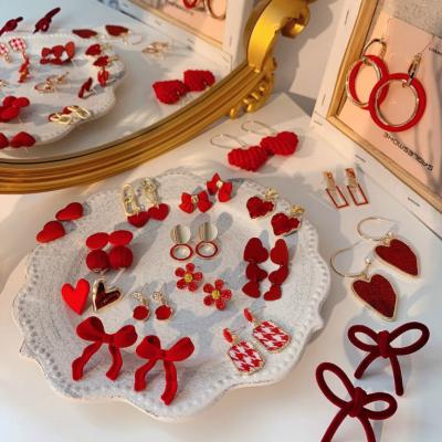 China Free Sample Trendy Women's Fashion Red Heart Geometry Cute Rhinestone Love Stud Earrings for sale