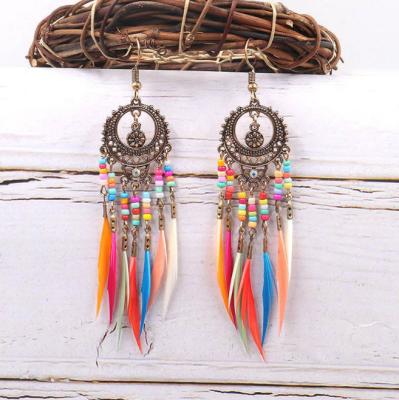 China Hot Selling New Fashion Retro Long Rice Feather Earrings Casual/Sporty Bohemian Hollow Colorful Pearl Earrings for sale