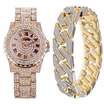 China Auto Date Iced Out Necklace Watch Band Set Cuban Restriction Rhinestone CZ Bracelet Watch Necklace Sets For Women Conjuntos de Joyas for sale