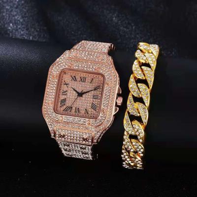 China Automatic Date Iced Out Luxury Quartz Wristwatches CZ Strap Watch Set For Women Men Jewelry for sale