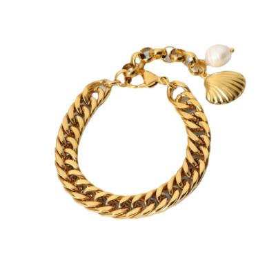 China TRENDY Stainless Steel Freshwater Pearl 18K Gold Plated 10 Mm Wide Double Chain Bracelet Cuban Women for sale