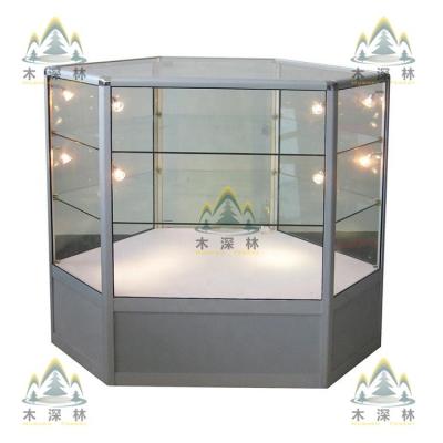 China Environmental friendly glass display cabinet with hexagonal and pentagon shape LED high transparent glass lighting perfect for things display for sale