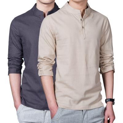 China Breathable Anti-Wrinkle 7 Color Men Shirt Casual Simple Cotton Canvas Quarter Button Long Sleeve Plus Size T-Shirts for sale