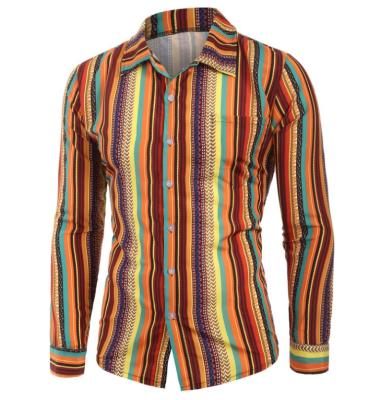 China Anti-pilling Men's Casual Long Sleeve Shirts Fashion Color Striped Print Chiffon Plus Size Shirt for sale