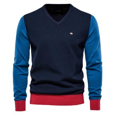 China Autumn Men Long Sleeve Sweaters Anti-wrinkle Sweaters Fashion V-Neck Colorblock Cotton Knitted Sweater for sale