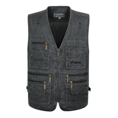 China Viable New Design Mens Zipper 16 Pocket V-Neck Vest Plus Size Cotton Denim Vest for sale