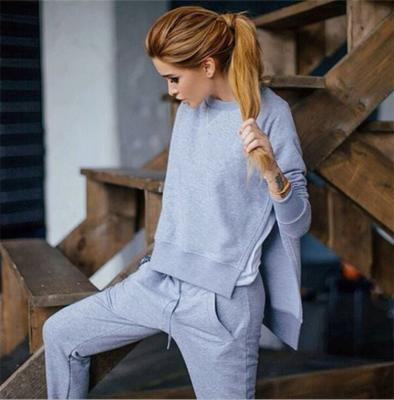 China Breathable Sport Two Piece Suit Irregular Split Jogging Pullover Women Sweat Suit Women for sale