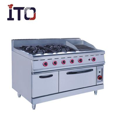 China Commercial 4 burner stainless steel gas cooker range with lava rock grill&oven for sale