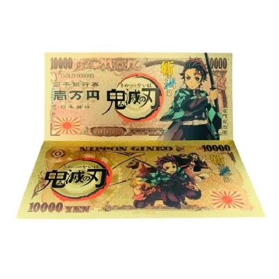 China PVC Plastic Japanese Anime Demon Slayer Gold Plated Banknotes Kimetsu No Yaiba Souvenir Cards Cartoon Gold Foil 10000 Yen Props Money for sale