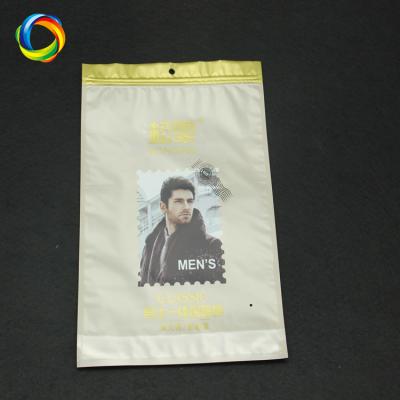 China Barrier Logo Yellow Water Proof Custom Stand Up Pouch Clothing Packing Plastic Zip Lock Bags With Hanging Hole for sale