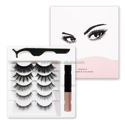 China Long Pair-Fake Custom Wholesale Natural Mink Hair Magnetic False Eyelashes Private Label 5 five magnets with tweezers eyeliner set for sale