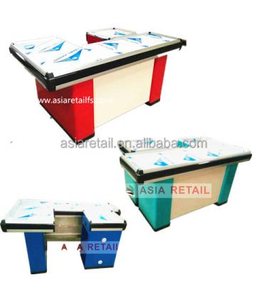 China Supermarket design retail cash register cold rolled steel table checkout cashier counter desk with conveyor belt for sale for sale