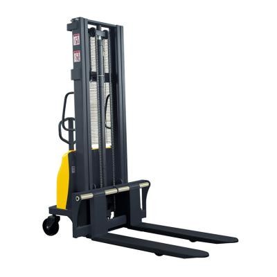 China Semi-electric Hotels Mon 580kg 1.5ton 4m Walking Stacker With Adjustable Forks for sale