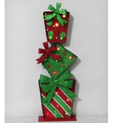 China Christamas Home Decor CHRISTMAS LIGHT DECORATION METAL BAND 3 PRESENTS STACKED WITH LIGHTS WITH GLITTER for sale