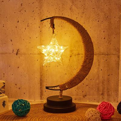 China Living Room Copper Table Lights Industrial Decorative Led Moon Star Rattan String Rattan String Apple USB Battery Iron Night Light for sale