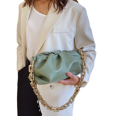 China New Fashion Design Women Metal Chains Pleated PU Ladies Fancy Cloud Shoulder Bag Bags Ruched Leather Handbag for sale