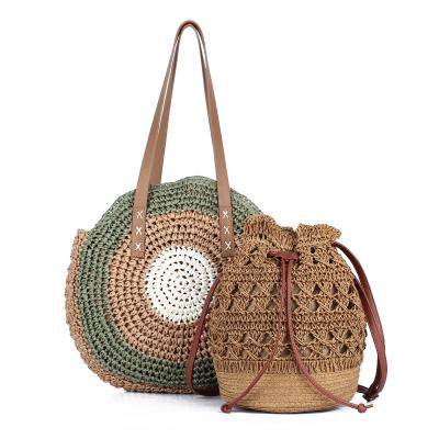 China Fashion Summer Straw Bag Set for Women Beach Rattan Shoulder Bag with Suction String Small Straw Backpack for Girls PU Casual Tote Fashion for sale