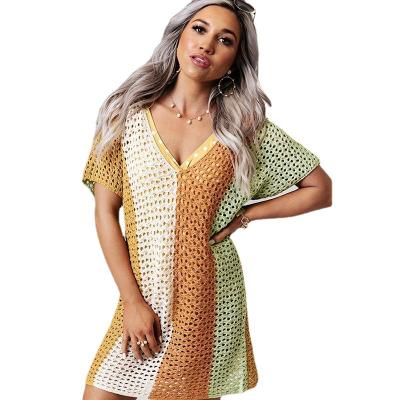 China Hot Sale Beach Smock Knit Bikini Suntan Blouse Loose Solid Color Hollow-out Dress For Women for sale