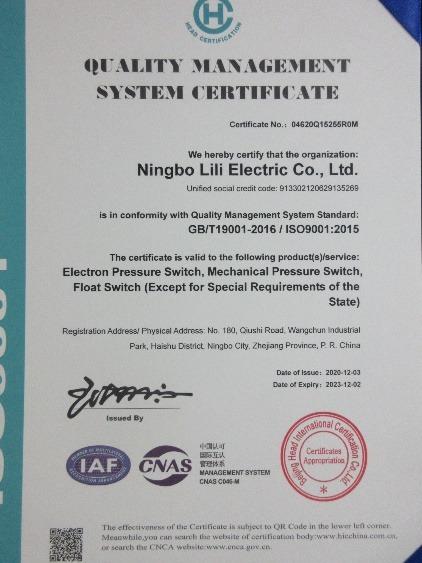 ISO9001 - Ningbo Lili Electric Co., Ltd.