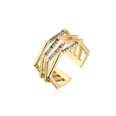 China Vershal C004 TRENDY INS Fashion 18k Gold Plated Shiny Colorful CZ Layered Adjustable Ring for sale