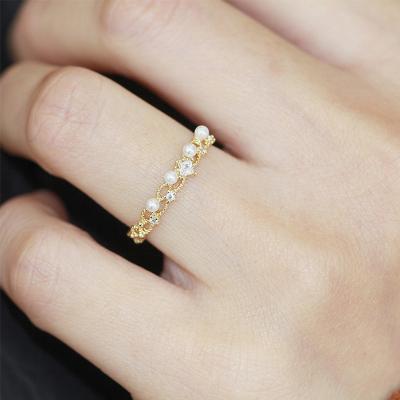 China Vintage Vershal C-17 French Vintage 18K Gold Plated Ring Pearl Beads Zircon Adjustable Ring For Women Jewelry for sale