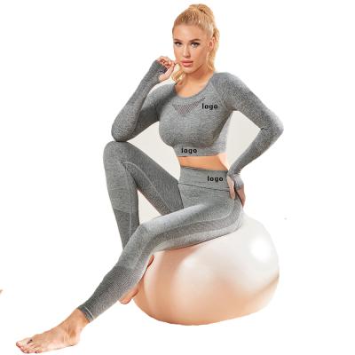 China Breathable Women Seamless Fitness Yoga Wear Knit Mesh Gym Sportswear Running Long Sleeve 3 Piece Yoga Set 2021 for sale