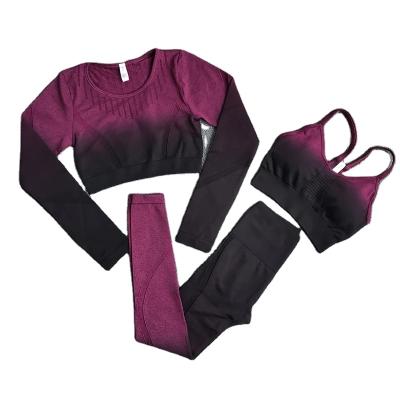 China 2021 Breathable New Gradient Gym Set 3 Piece Yoga Set Women Tracksuit Top Fitness Pants Seamless Bra Sportswear Set for sale