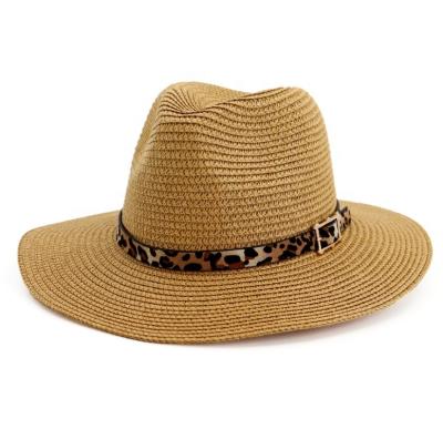 China Character Women Girls Straw Wide Brim Panama Hat Cute With Leopard Band And Gold Belt for sale