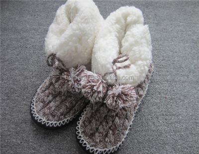 China Women Anti-Slip Ladies Cable Knitted Home Booties Shoes Slipper Socks with Pom Poms and Fluffy Sherpa Lining for sale