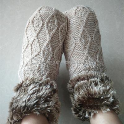 China Women Anti-Slip Lady Knitted Sweater Home Slipper Socks with Faux Fur Cuff and Comfortable Sherpa Lining and Non-Slip Grippers for sale