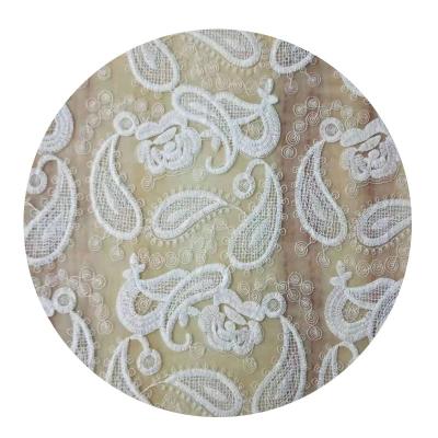 China new silk super wide lace full 3D milk mesh embroidered wedding dress fabric cashew flower fabric for sale