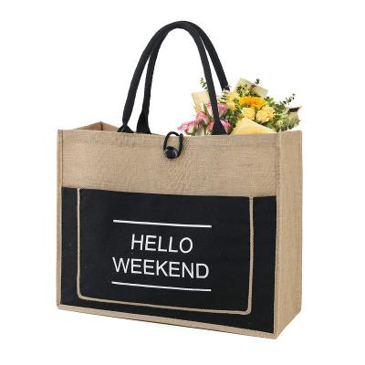 China Wholesale Reusable Eco-Friendly Wholesale Reusable Eco-Friendly Wholesale Reusable Beach Pocket Black Jute Waterproof Hand Held Custom for sale