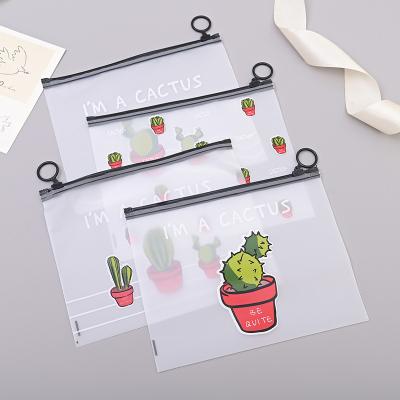 China Cartoon Stationery Trinket Sock Organizer PE Round Recyclable Hot Cute Cactus Frosted Frosted Pull Ring Printed Zip Lock Bags for sale