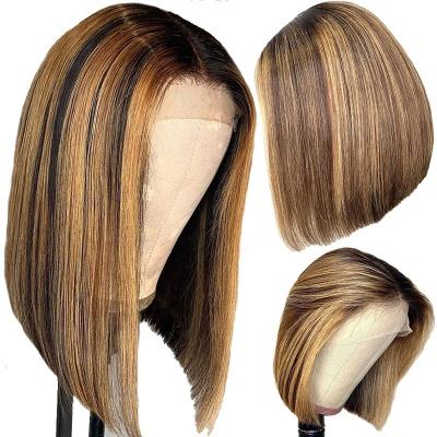 China Highlight Short Straight Bob Wigs Transparent Lace Front Wigs For Women Brazilian Raw Ombre Brown HD Color Lace Front Hair Wigs for sale