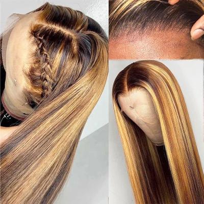 China Glueless Ombre Brown Straight Hair Wigs For Black Women Highlights Bone Straight Hair Mix Wigs Pre Pluck Full Lace Frontal Wigs for sale