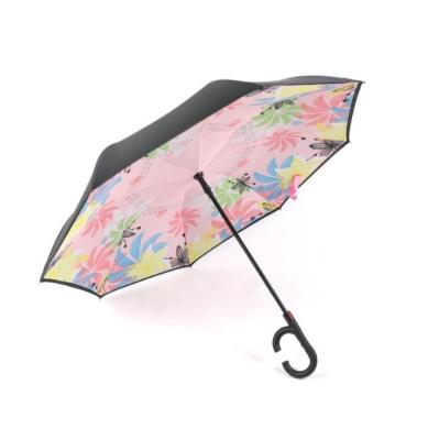 China Custom Wholesale Inside Out Luxury Upside Down Umbrellas Double Layer Custom Arc C Handle Windproof Reverse Umbrella for sale