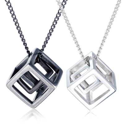 China Simple Design Vintage Style Jewelry Stainless Steel Cube TRENDY Hollow Out Pendant Necklace For Men for sale