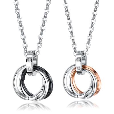 China New Design Fashion Romantic Jewelry Personalized Stainless Steel Three Rings Couples Necklaces for sale